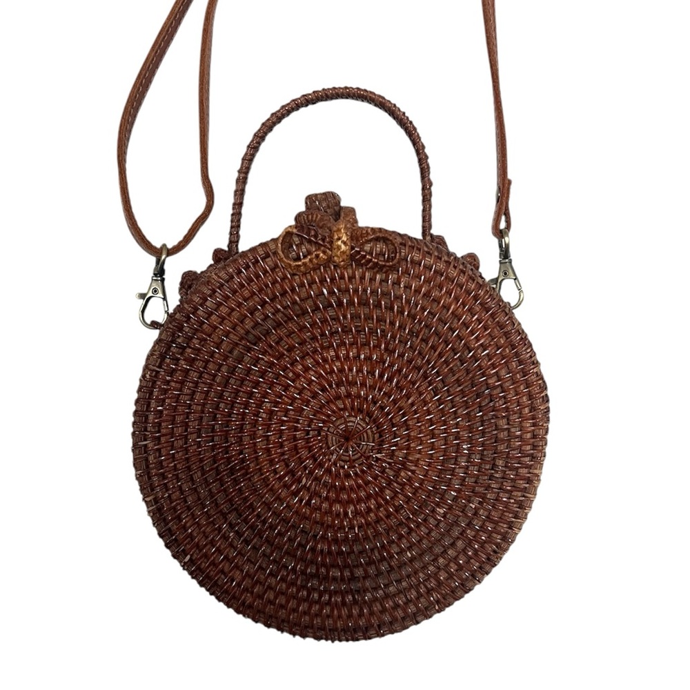 Vintage Brown Crossbody Woven Bag with Circular Design